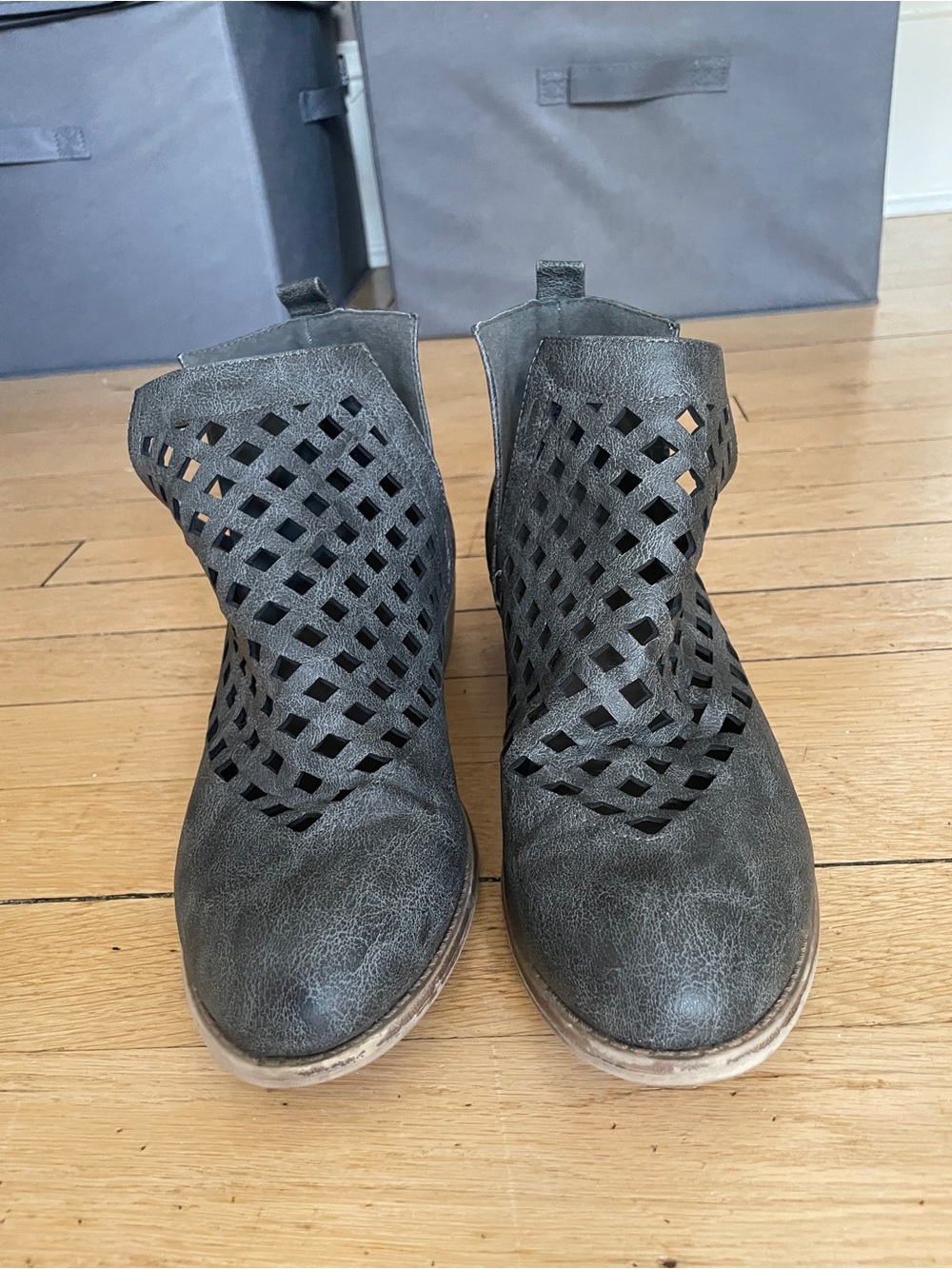 Women's Charcoal Grey Cutout Ankle Booties - Slip-On Casual Style